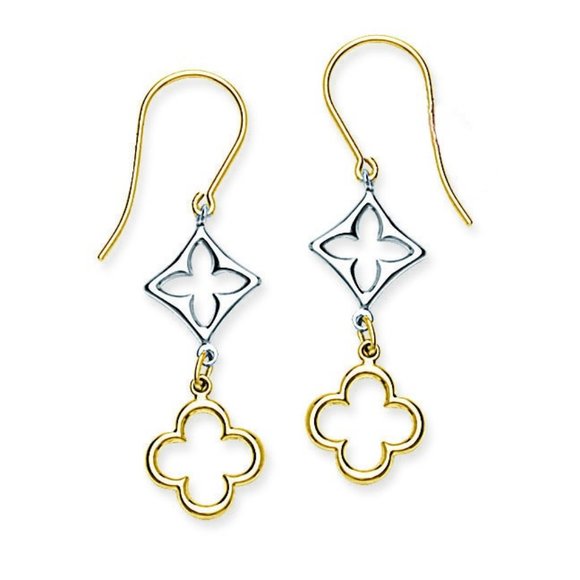 Clover Earrings Gold dangle drop Mother of Pearl Silver  14K Solid Gold Two-Tone Clover Drop Dangle Earring